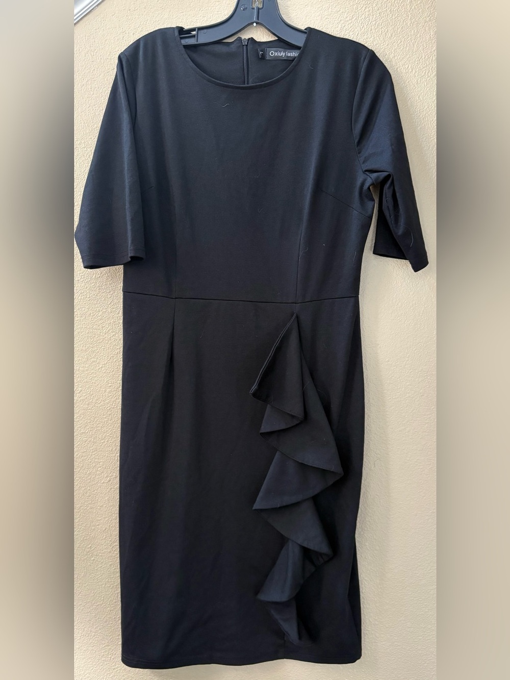 Elegant Black Ruffle-Front Midi Dress by